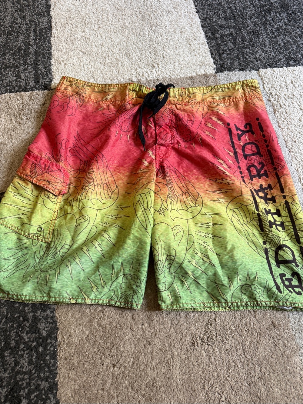 Ed Hardy Red to Green Gradient Men's Swim/Hybrid Shorts with Black Drawstring